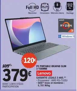 E.Leclerc LENOVO Pc portable ideapad slim 3 15amn8 offre