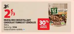 Auchan Muesli bio croustillant chocolat terres et céréales offre