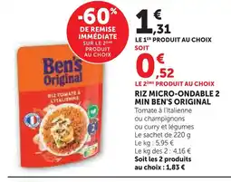Super U Ben's original riz micro-ondable 2 min offre