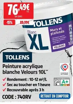 Screwfix Tollens peinture acrylique blanche velours 10 l offre