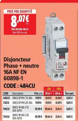 Screwfix Disjoncteur phase + neutre 16a nf en 60898-1 offre