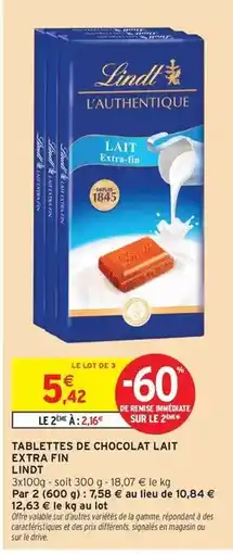Intermarché Lindt - tablettes de chocolat lait extra fin offre