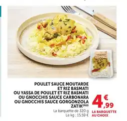 Bi1 Poulet sauce moutarde et riz basmati ou yassa de poulet et riz basmati ou gnocchis sauce carbonara offre