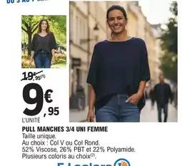 E.Leclerc Pull manches 3/4 uni femme offre