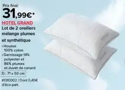 Costco Hotel grand lot de 2 oreillers mélange plumes et synthétique offre