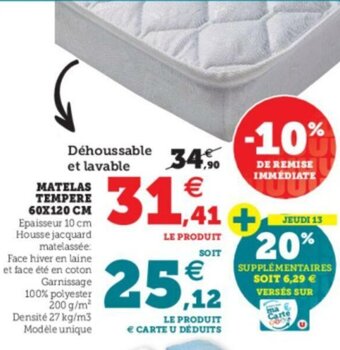 Hyper U Matelas tempere 60X120cm offre