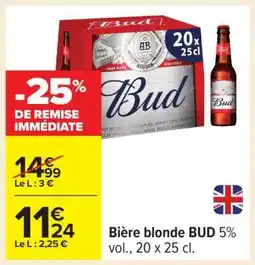 Carrefour Bière blonde BUD 5% vol., 20 x 25 cl offre