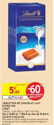 Intermarché Lindt tablettes de chocolat lait offre