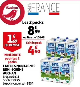Auchan Auchan lait des montagnes demi-écrémé offre