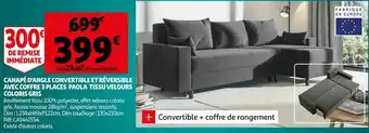 Canapé d'angle convertible et réversible avec coffre 3 places paola tissu velours coloris gris