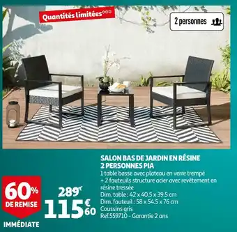 Auchan Salon bas de jardin en résine 2 personnes pia offre
