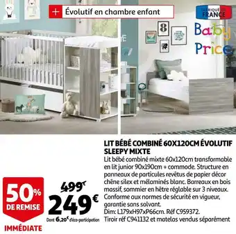 Auchan Lit bébé combiné 60x120cm évolutif sleepy mixte offre
