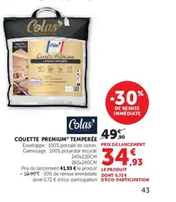 Hyper U COLAS Couette premium temperée offre