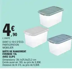E.Leclerc BOÎTE DE RANGEMENT EVERBOX 15L AVEC CLIPS offre