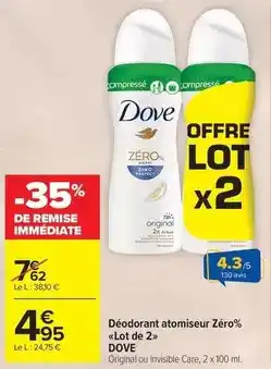 Carrefour Market Dove - déodorant atomiseur zéro% lot de 2 offre