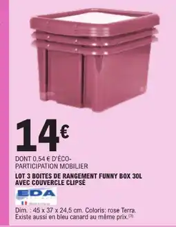 E.Leclerc Eda lot 3 boites de rangement funny box 30l avec couvercle clipsé offre