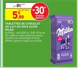 Intermarché MILKA Tablettes de chocolat au lait du pays alpin offre