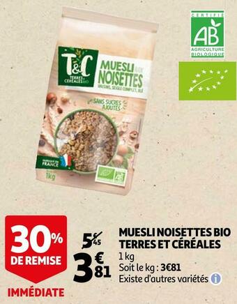 Auchan Terres et céréales muesli noisettes bio offre