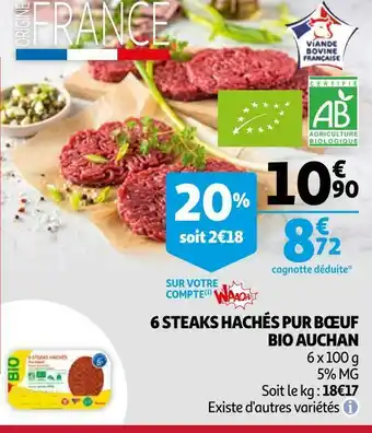 Auchan Auchan 6 steaks hachés pur bœuf bio offre