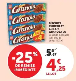 Super U Biscuits chocolat au lait lot granola lu offre
