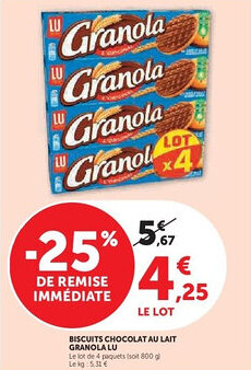 Super U Biscuits chocolat au lait granola lu offre