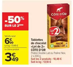 Carrefour Market Tablettes de chocolat Lot de 2 CÔTE D'OR offre