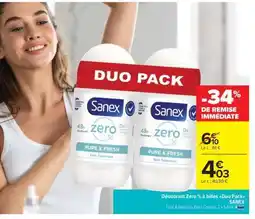 Carrefour Market Déo Roll-On Zero % à billes Duo Pack SANEX offre