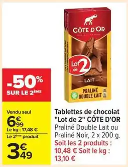 Carrefour Tablettes de chocolat Lot de 2 CÔTE D'OR offre