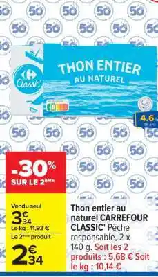 Carrefour Thon entier au naturel CARREFOUR CLASSIC' offre