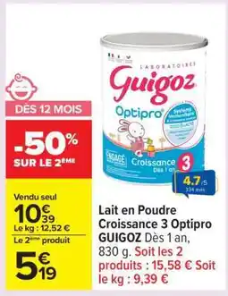 Carrefour Lait en Poudre Croissance 3 Optipro GUIGOZ offre