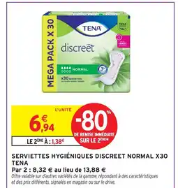 Intermarché Tena serviettes hygiéniques discreet normal x30 offre