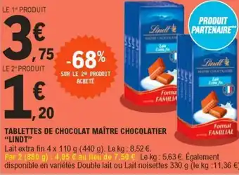E.Leclerc Tablettes de chocolat maître chocolatier "lindt" offre