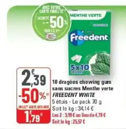 G20 FREEDENT WHITE 10 dragées chewing gum sans sucres Menthe verte offre