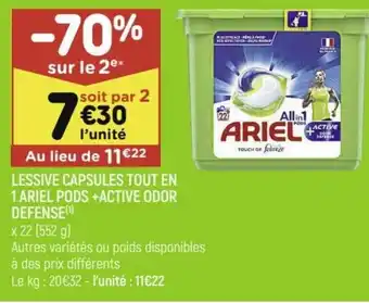 Leader Price Lessive capsules tout en 1 Ariel pods + active odor Defense offre