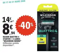 E.Leclerc RASOIR QUATTRO 4 STARTER + 5 LAMES WILKINSON SWORD offre