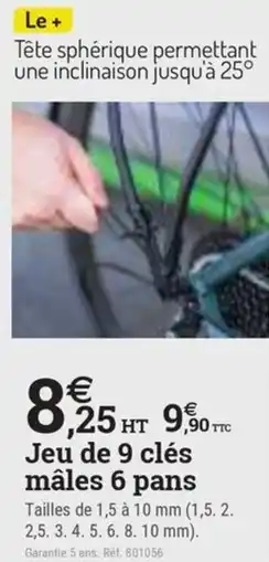 Espace emeraude Jeu de 9 clés mâles 6 pans offre