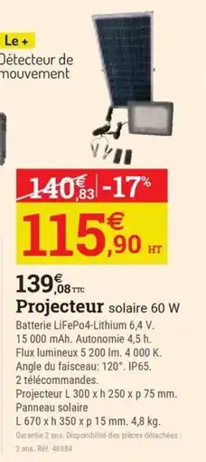Espace emeraude Projecteur solaire 60 W offre