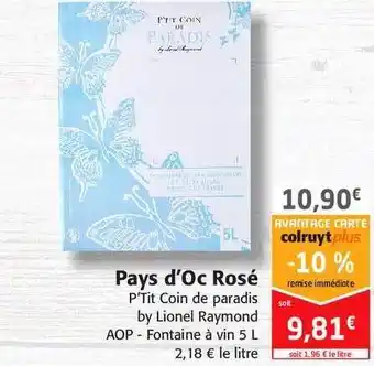 Colruyt Pays D'oc Rosé P'tit Coin De Paradis By Lionel Raymond Aop Fontaine à Vin offre