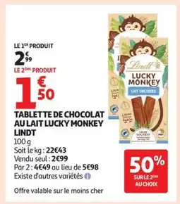 Auchan Tablette de Chocolat au Lait Lucky Monkey Lindt offre