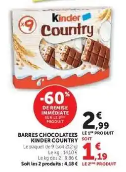 Hyper U Barres Chocolatées Kinder Country offre