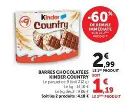 Super U Barres Chocolatées Kinder Country offre