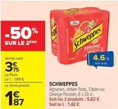 Carrefour Market Schweppes - agrumes, indian tonic, citron ou orange passion, 6 x 33 cl offre
