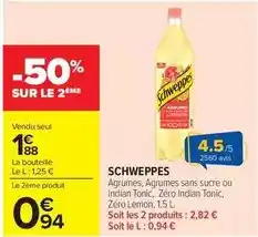 Carrefour Market Schweppes - agrumes, agrumes sans sucre ou indian tonic, zéro lemon, 1,5 l offre