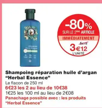 Monoprix HERBAL ESSENCE Shampoing réparation huile d'argan offre