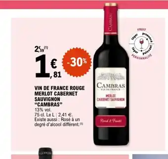 E.Leclerc CAMBRAS Vin de france rouge merlot cabernet sauvignon offre