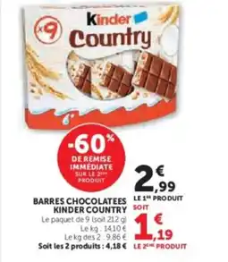 Hyper U KINDER COUNTRY Barres chocolatees offre