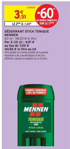 Intermarché Mennen déodorant stick tonique offre
