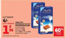 Auchan TABLETTES DE CHOCOLAT AU LAIT L'AUTHENTIQUE LINDT offre
