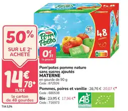 Promocash Pom'potes pomme nature sans sucres ajoutés materne offre