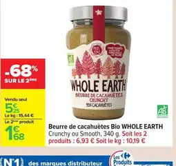 Carrefour WHOLE EARTH Beurre de cacahuètes Bio offre